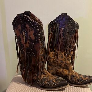 Corral Brown Leopard Fringe Heeled Boots